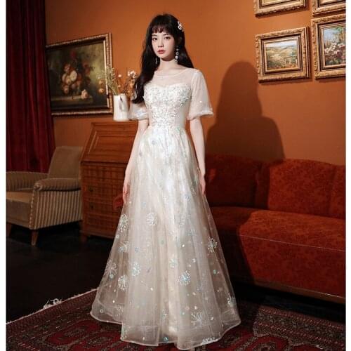 Sexy O-Neck Embroidery Puff Sleeve Evening Dress Women Back Bandage Formal Gowns Robe De Soiree Cheongsam 3XL