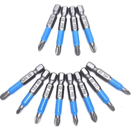 12pcs for Phillips Bit Hex Shanked Antislip Screwdriver Bits Magnetic Single Head PH1 PZ1 PH2 PZ2 PH3 PZ3 50mm Length Tool Set