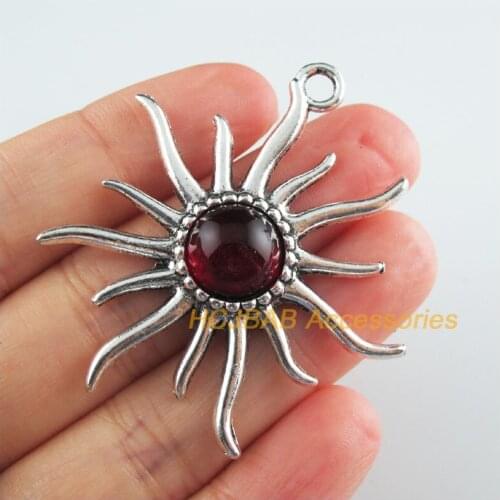 4 New Sunshiny Charms Red Glaze Flower Pendants Tibetan Silver Tone 47x51mm