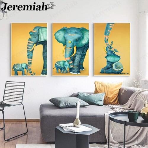 Abstract Elephant Canvas Painting Yellow Background Poster Wall Art Modern Room Home Decoration Picture Frameless
