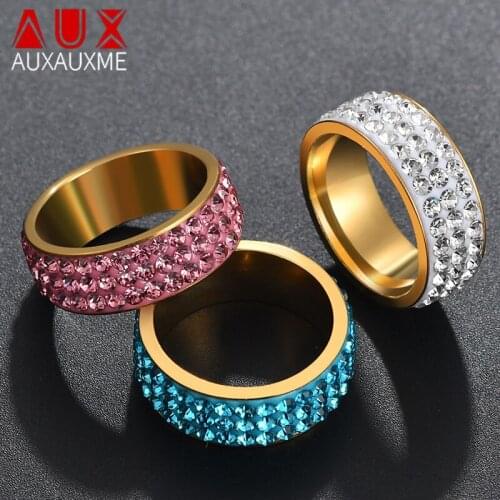 Auxauxme Multicolor 8mm 3 Rows Crystal Zircon Wedding Ring Stainless Steel Pave Setting Rhinestone Rings For Women Jewelry Gifts
