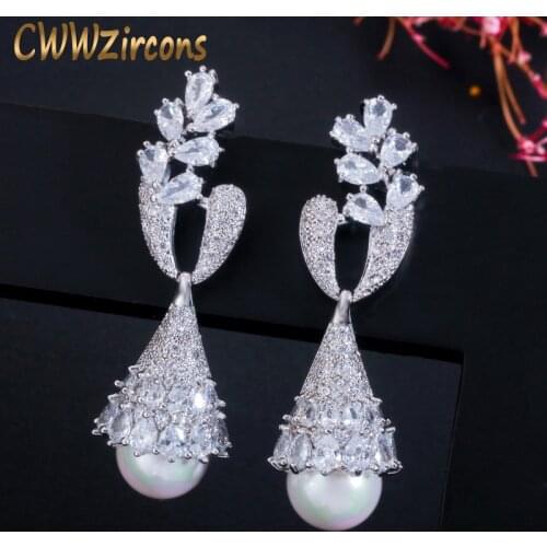 CWWZircons Elegant Symmetrical Leaf Dangling Long Pearl Drop Earring for Women Trendy Cubic Zirconia Wedding Party Jewelry CZ622