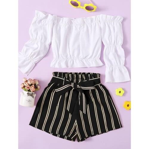FOCUSNORM 2 Colors Fashion Kids Girls Clothes Sets 2-7Y Solid Off Shoulder Long Sleeve T Shirts Striped Bow Shorts