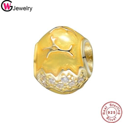 GW 925 Silver Gold Oval Bade Charms Fits Pan Bracelet Classical Charm Golden Eggs Beads & Diy Jewelery Making E040