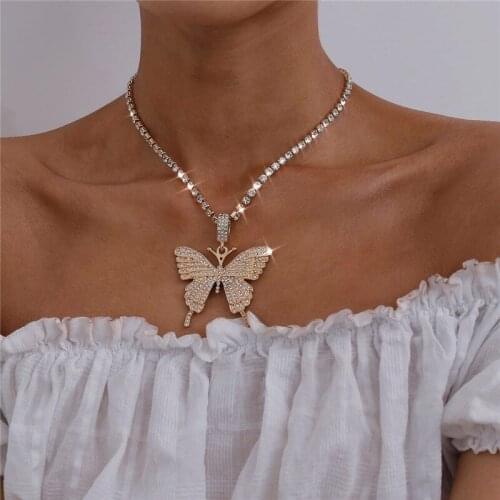 Butterfly Pendant Necklace Rhinestone Tennis Chain for Women Silver Color Crystal Choker Butterfly Necklace Chain Jewelry