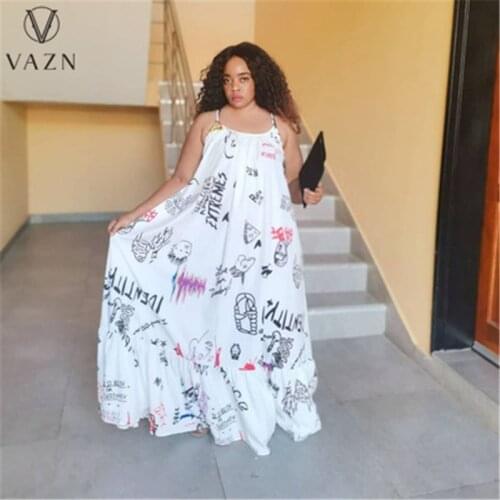 VAZN New 2020 Sleeveless Strap Summer Boho Beach White Color Print Maxi Dresses Clothing Sexy Shinny Young Lady Dress