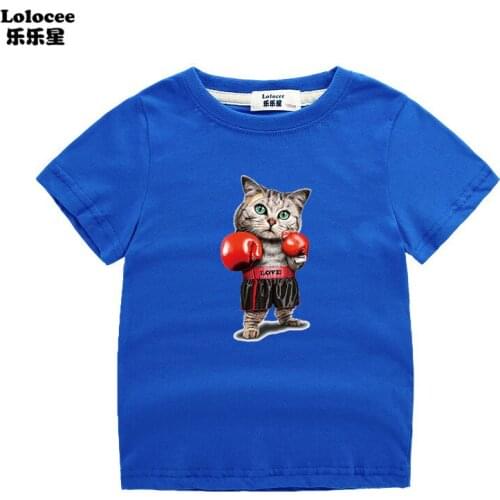 New Fashion Boys Summer Boxing Cat Funny t-shirts Kids Short Sleeve Cartoon Cat Tops Summer Clothes Tee Jersey t-shirt