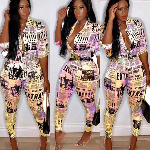 OMILKA Newspaper Printed 2 Piece Set Women 2019 Summer Short Sleeve Turn Down Collar Shirt and Pencil Pant Set Streetwear Outfit