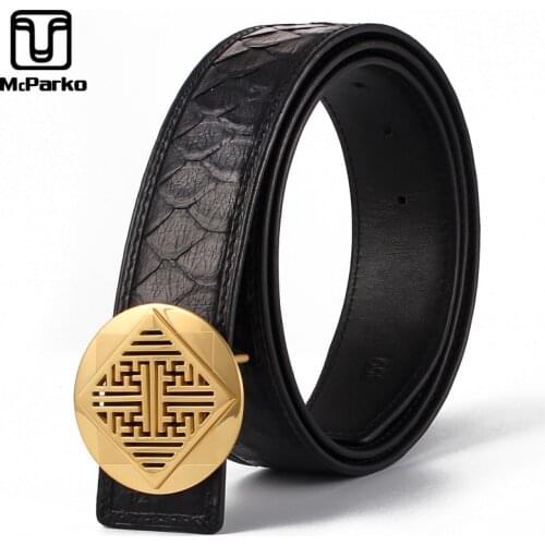 McParko Original Brand Men Belt Genuine Leather Python Belt Mens Luxury Waist Belt Chinese Knot Design Buckle Elegant Male Gift