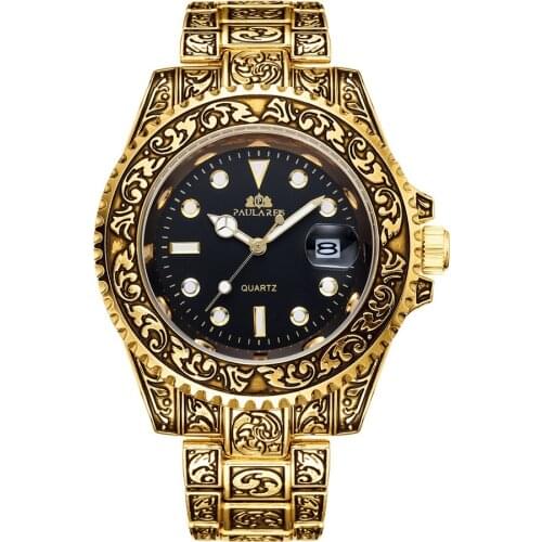 Luxury Carved Antique Vintage Luminous Rose Gold Yellow Gold Silver Red Green Blue Gradient Fashion Classic Quartz Men Watch