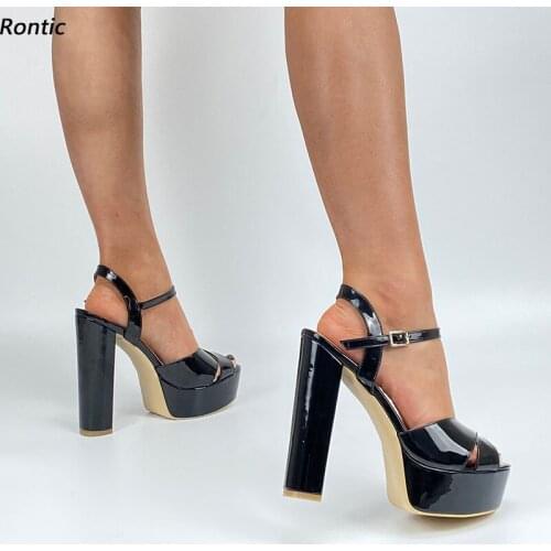 Rontic Handmade Women Platform Sandals Patent Ankle Strap Unisex Block Heels Peep Toe Elegant Black Party Shoes US Size 5-20