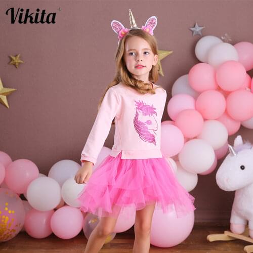 VIKITA Girls Patchwork Dress Long Sleeve Girls Princess Sequins Dress Autumn Kids Unicorn Tulle Party Dresses for Children