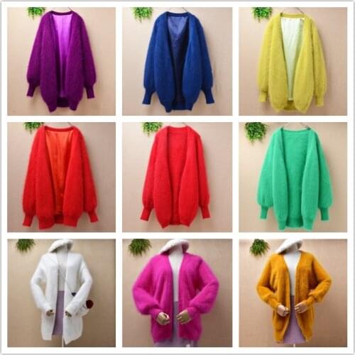 Lady women spring medium long real angora rabbit fur loose lantern long-sleeves hand knitted mink cashmere sweater coat cardigan