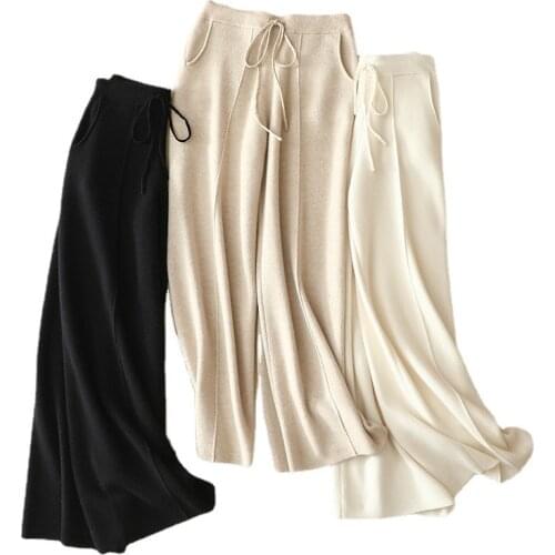 SHUCHAN Korean Style Wide Leg Pants Cashmere Wool HIGH Waist Winter Warm LOOSE Full Length Wide Leg Pants Trousers Women