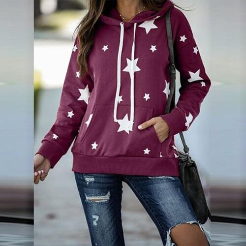 Women Hoodies Pullover Five Pointed Star Printed Sweatshirt Elegant Ladies Hoodies Black Purple Harajuku Casual Hoodies