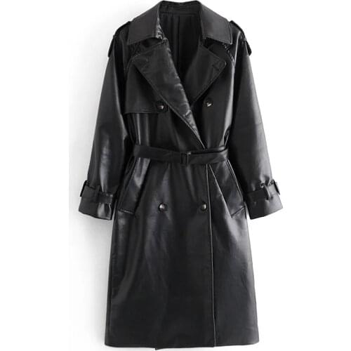 ZA Women Fashion With Belt Double Breasted Faux Leather Trench Coat Vintage Long Sleeve Female Outerwear Chic Overcoat