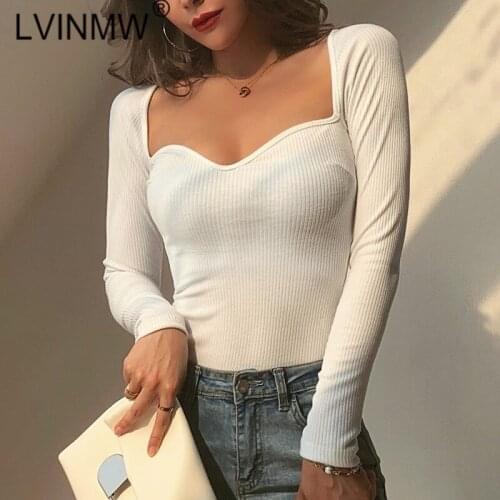 LVINMW Sexy Long Sleeve Square Collar White Crop Top 2020 Autumn Women tshirts Solid Rib Slim Fashion Elegant Casual Tops Street