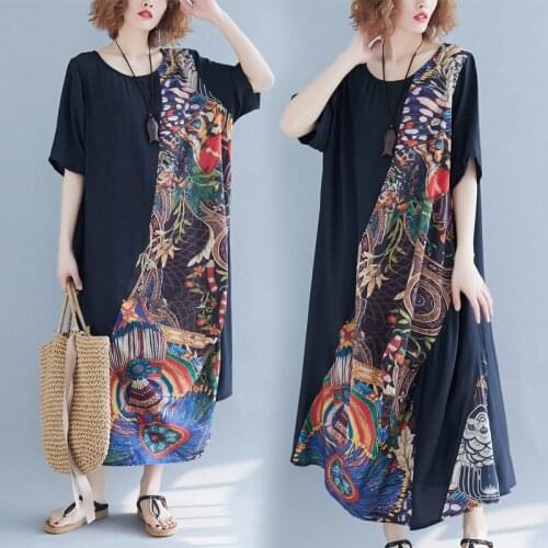 2020 Summer Plus Size Womens Casual Cotton Long Dress Femme Gown Robe Kaftan Loose Vintage Print Maxi Shirt Dresses Vestidos