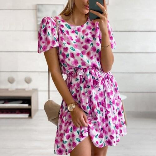 Womens Summer Short Sleeve Mini Dress 2021 Fashion Floral Print O Neck Lace Up Casual Beach Party Dresses For Women Robe Femme