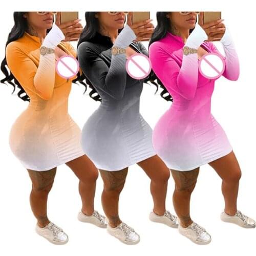 2020 Women Dress Gradient Color Printed Front Zipper Full Length Regular Sleeve Turtleneck High Waist Sheath Bag Hip Clothing