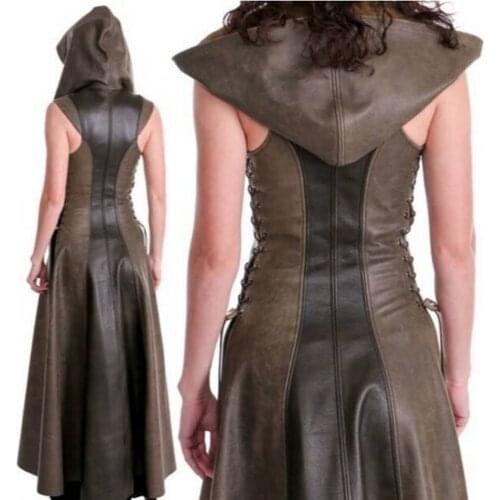Women Slim Lace Up Leather Medieval Ranger Long Dress Adult Coat Halloween Costumes Cosplay Costume S-2XL