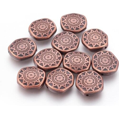 10pcs/lot 18x17x5.5mm Red Copper CCB Plastic Beads Hexagon with Flower Pattern Drilled Bead Hole: 1.4mm for Jewelry Decoration
