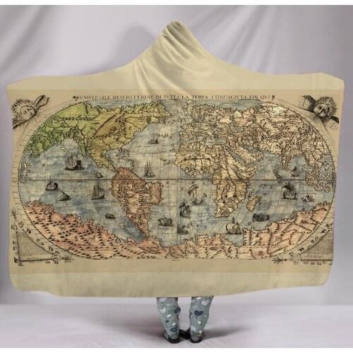 3D Digital Print Map Series Hooded Blanket Cloak Thickened Double-Layer Plush Sherpa Warm Blanket Home for Adults Youth Winter