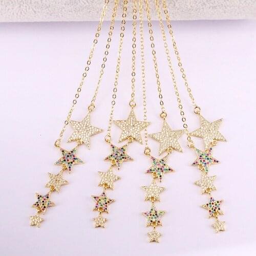 6PCS, Fashion Top Quality Colorful Zirconia Elegant Lady Girl CZ Micro Pave Pendant Stars Shaped Metal Filled Rainbow Necklaces