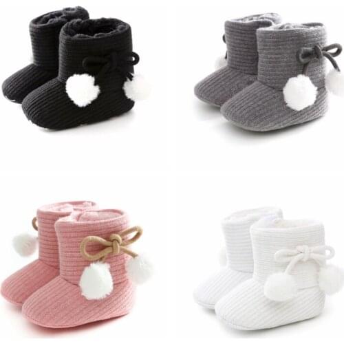 Winter Baby Boots Baby Girl Boys Shoes Fur Knitted Fuzzy Balls Snow Boots Solid Flower Walkers Newborn Toddler Fashion Booties