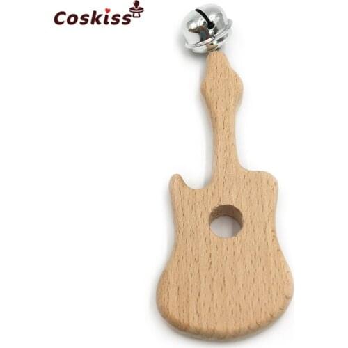 Baby Teether Bells Beech Wooden Guitar Natural Handmade Wooden Teether DIY Eco-Friendly Safe Newborns Enlightenment Toys