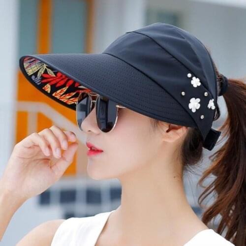 Hot Summer Sun Hat With Pearl Adjustable Big Heads Wide-brimmed Beach Hat UV Protection Packable Sun Visor Hat With 1PCS Ltnshry