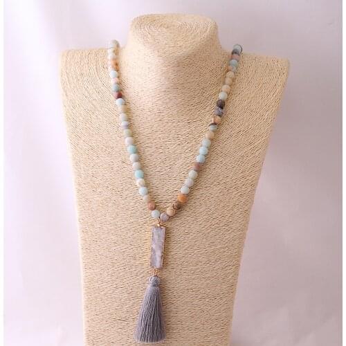 Fashion Bohemian Tribal Jewelry Beads Halsband Frosted Amazonite Stones with White Rectangle Druzy Grey Tassel Necklace