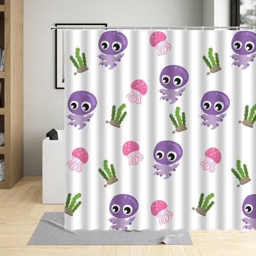 Cartoons Jellyfish Funny Cute Undersea Animals Kids Bathroom Decor Waterproof Fabric Bath Curtains With Hooks Shower Curtain Set