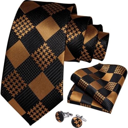 Men Tie Gold Black Plaid Design Silk Wedding Tie for Men Handky cufflink Gift Tie Set DiBanGu Party Business SJT-7328