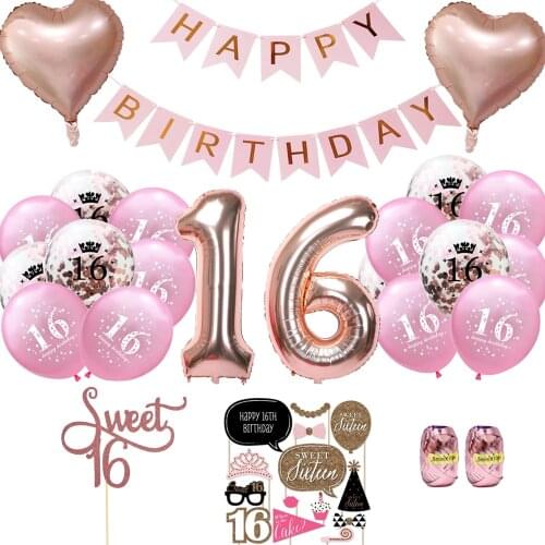 Rose Gold Sweet 16 Birthday Sash Cake Topper 32 inch Foil 16 Latex Sweet 16 Confetti Balloons kit for Baby Girl 16th Birthday