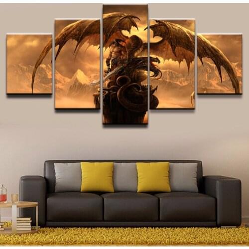 Wall Art HD Printed Poster Framed Home Decor 5 Pieces Dragon Fantasy Sword Warrior Canvas Paintings Modern Boys Room Pictures
