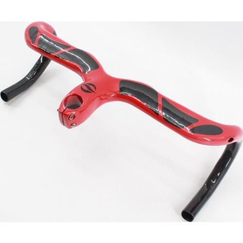New arrival red QILEFU Road bike 3K full carbon bicycle handlebar and Stem integrated with stent hole internal cables Free ship