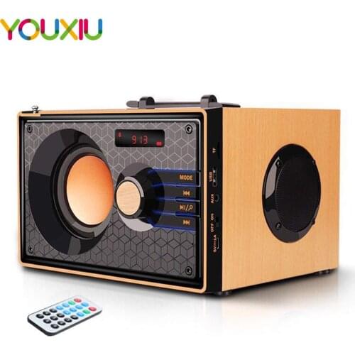 Portable Wooden Speaker Wireless Outdoor Stereo Sound Retro Desktop Speakers with Subwoofer FM Radio Remote Control for iPhone