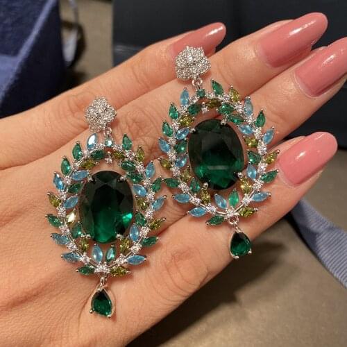 Luxury Green Cubic Zircon Petal Earring Flower Modern Geometric Fringe Elegant Crystal For Women Jewelry Wedding Party