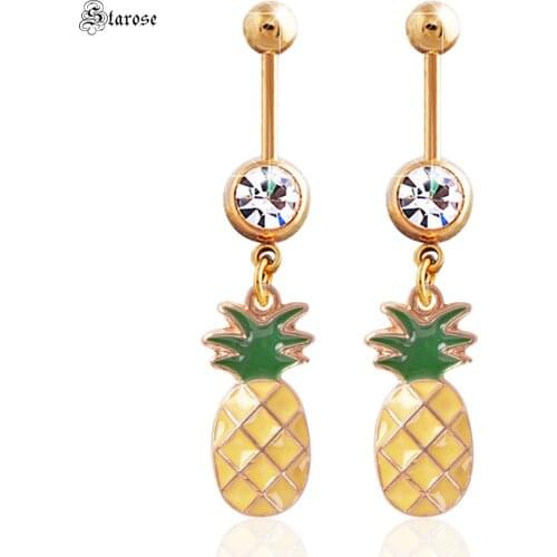 Starose Yellow Pineapple Belly Button Piercing Surgical Steel Navel Rings Crystal Belly Ring Ear Piercing Helix Earrings Jewelry