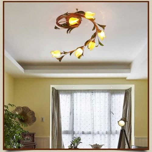 Glass Flower Green Leaves Ceiling Lights American Garden Artistic Ceiling Lighting Living Room Aisles Art Deco Lamp 6 Lights
