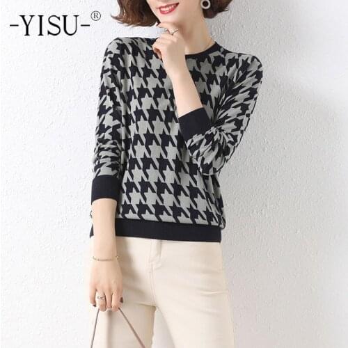 YISU 2021 New Womens sweater O-Neck Fashion Printing Spring tops Long sleeves Jumper Female Casual Loose Knitted pullover