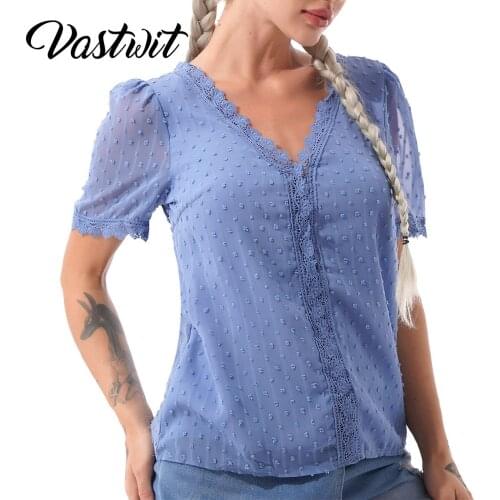 Womens Swiss Dots Lace Pom Pom Blouse Shirts Solid Color Hollow Out V Neck Tops