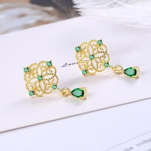 Elegant Earrings For Women 925 Sterling Silver Jewelry Luxurious Flower Crystal Green Gold Earring Lady Party Accessories KOFSAC
