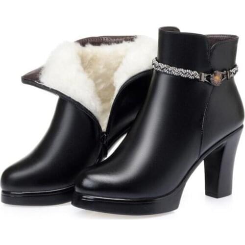 2020 Winter New Comfortable Warm Wool Boots Rhinestone Genuine Leather Fashion Boots Elegant Temperament High Heel Women Boots