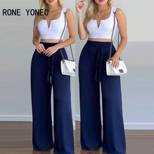 Women V-Cut Crop Top & Wide Leg Pants Set With Belt Women Summer Vacation Suit