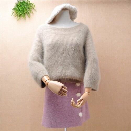 Ladies women fashion hairy thick warm mink cashmere knitted slash neck seven flare sleeves pullover angora fur jumper sweater