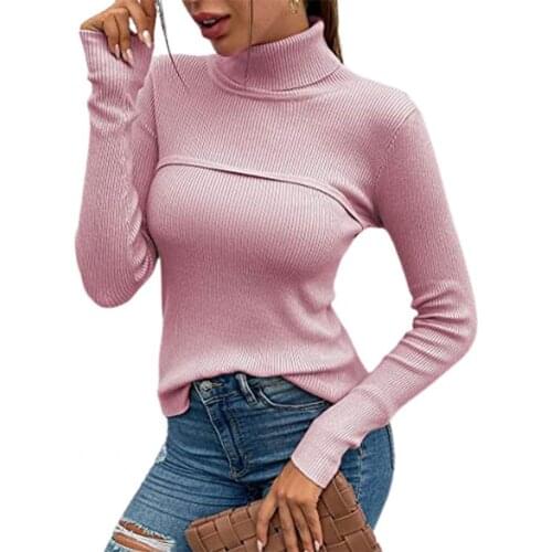 Women Sweater Knitted Solid Color Ribbed Pullover Sweaters Polyester Turtleneck Knitwear Slim Base Sweater Basic Jumper Top