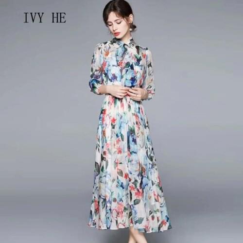 IVY HE Summer Womens Dress 2021 New Pattern Fashion Show Retro Printed Bow Collar With Slim Waist And Long Chiffon Dresses