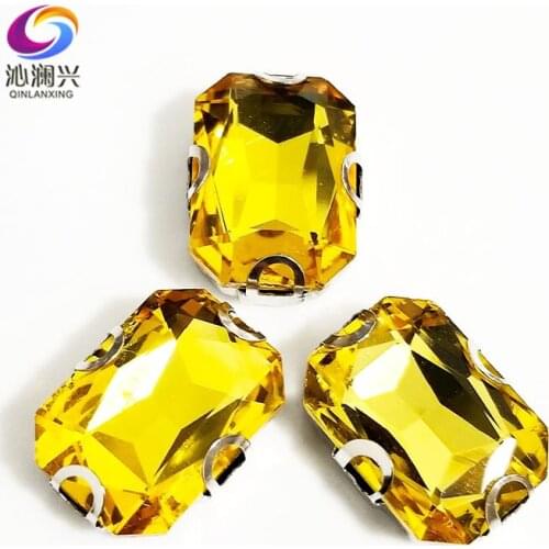 Golden yellow Rectangle octagonal shape High quality Glass Crystal sew on D shape claw rhinestones,Diy Clothing accessories